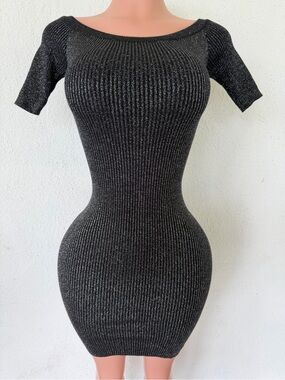 Studio Black Metallic Ribbed Knit Bodycon Dress